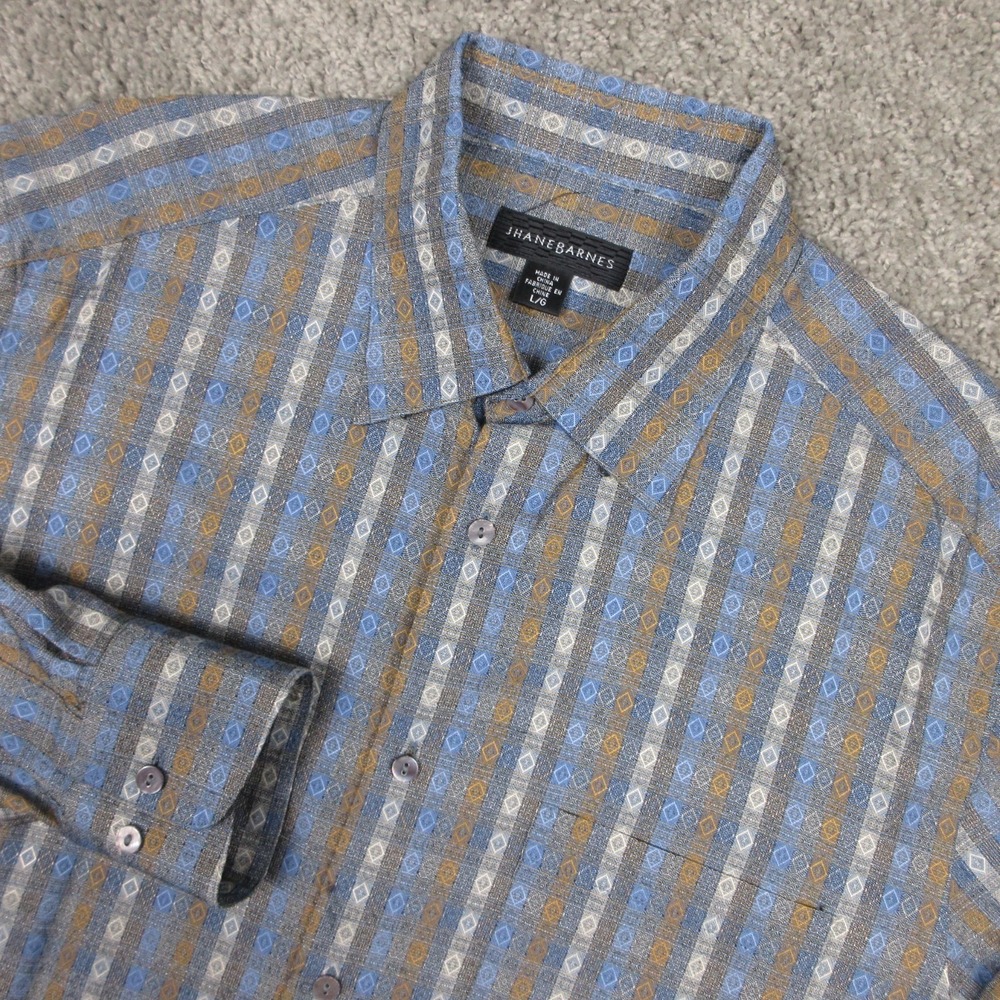 Jhane Barnes Shirt Mens Large Blue Gray Brown Striped Silk Geometric Button Up